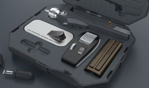 The Phaser in its foam-lined transit case (the USB charging cable is stored under the stand)